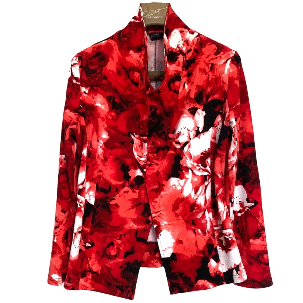 ❌SOLD❌LG•VAMP•CINNAMON RED, WHITE/BLACK FLORAL PULL OVER JACKET W COWL NECK - Picture 1 of 4